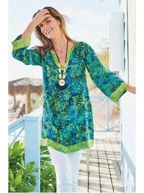Soft Surroundings Anaisha blue green colorful batik print boho beachy tunic L